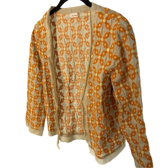 Dolma Orange/Tan Embroidered Cotton Cardigan Jacket, Lagenlook, Resort, S - Picture 3 of 7